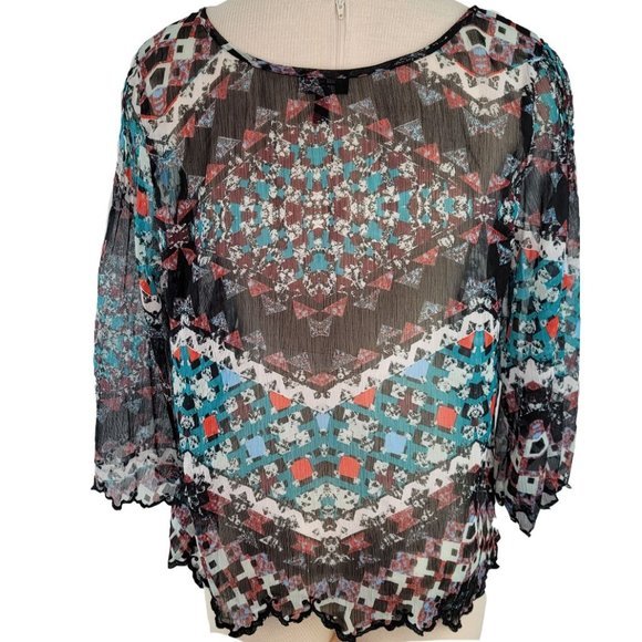 Jessica Simpson Large Black White 3/4 Sleeve Sheer Embroidered Edging Blouse Top - Picture 1 of 4